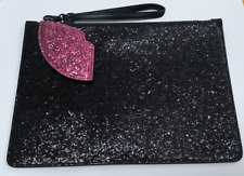 Lulu Guinness large black leather & glitter pink lips clutch bag used once