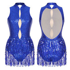 Womens Sequins Tassel Leotard Sleeveless Backless Fringed Bodysuit Dance Costume