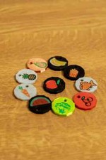 Shopping Trolley Tokens, With Various food Items. Pack Of 6