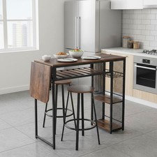 Bar Table & 2 Stools Set Compact Kitchen Furniture Extendable Table with Shelf
