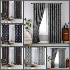 Ready Made Fully Lined Jacquard Eyelet Curtains Pair for Living Room Windows
