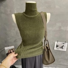 Ladies Knitted Thermal Gilet Vest Faux Mink Fur Tank Top High Neck Sweater Top