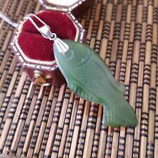 Vintage 925 Sterling Silver Necklace, Genuine Green Jade Pendant, Fish Pendant 