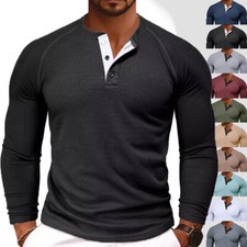 Mens Ribbed Henley Shirts Long