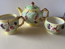 Vintage Avon Ware Fruit & Leaves Yellow & Green Tea Pot, Milk Jug & Sugar Bowl