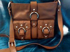 Ri2K MID BROWN 100% LEATHER ZIP FASTENING POCKETS SHOULDER BAG NEW