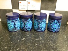 vintage storage canisters with lids - blue metal - set of 4