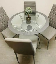4 Seater Round Dining Table And Chairs Kitchen Modern Furniture Set Glass Steel