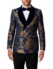 Gold Brocade on Navy Jacquard