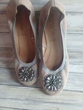 UK 7 Accessorize Light Pink Suede Ballet Pumps Shoes Elasticated Beaded Flapper