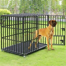 Jumbo Anti-Bite Dog Crate Welded Metal Bar Pet Cage Playpen Kennel Wheels & Tray