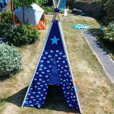 Kid’s  Teepee - Canvas Tent With clouds & stars  Pattern And Wooden Poles. RARE