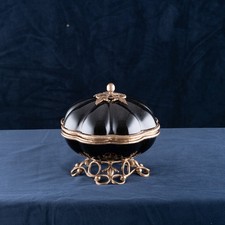 Antique French Porcelain Candy Box Black Mounted Laiton Ormolu