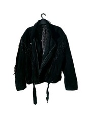 Vintage Front Line Black Suede Leather Fringe Jacket Western Biker Rare L 80e