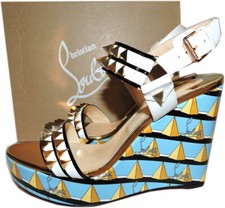 Christian Louboutin Griotta 120 Wedge Sandals Turquoise Spike Shoes 40 Slingback