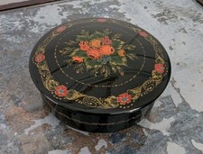 Vintage Russian Hand Painted Lacquered Round Trinket Box Signed Folk Art