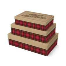 Merry Christmas Tartan Kraft Rectangular Gift Box - Pack of 3
