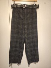 Next Grey Check Culottes UK 10 with Belt – Wide Leg Tailored Trousers