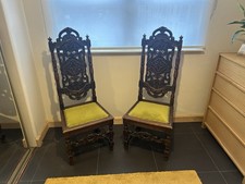 Two Victorian Chairs Carved Back and Seat Antique Vintage Green Velvet Seats