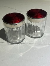 Pair Vintage 3” Guilloche Enamel Vanity Jars Ruby Red Tops Silverplate