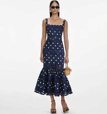 Self - Portrait Navy Polka Dot Linen Midi Dress size UK8