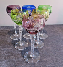6 VINTAGE HANDCUT BOHEMIAN HARLEQUIN COLOURED CRYSTAL WINE HOCK GLASSES