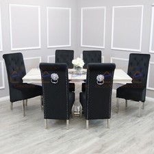 Luxury 180cm Arial White Marble Dining Table U Stand w/ 6 Chairs Black Emma Set