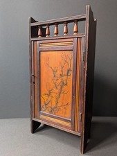 Antique 20thc painted birds 1901 Japanese wall wood cabinet with balcony shelf