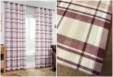 Dark Red Beige Highland Check Fully Lined Eyelet Curtains Herringbone Print