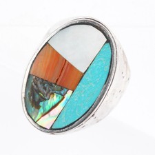 sz9 Vintage Zuni sterling silver, turquoise, coral, shell inlay men's ring
