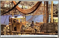 Brixham Harbour Mending The Nets Devon G Burnet Fishing Fleet Vintage Postcard