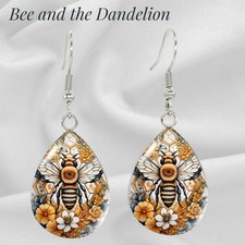 Queen Bee with Flowers Glass Cabochon Teardrop Silver Tone Dangle Earrings