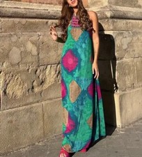 ZARA Green Pink Low Back Beaded Halter Neck Maxi Dress size L 14 5107/247 Beach