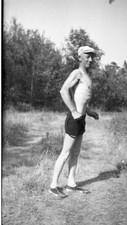 ORIGINAL VINTAGE NEGATIVE: Man Male Portrait Swimsuit Old Guy Hat Cap 50's 50s