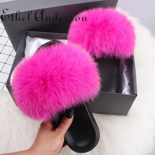 Real fox fur slippers slides - fur,