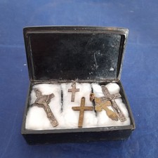 5x Victorian Crucifix Cross Pendants In Antique Metal Stamp Box Antique Gothic