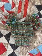 Hand Knitted 0-6 month Pull on Hat with Pompoms