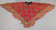 Vintage Wool Fringed Cape Red Green Tapestry 1950s 1960s Retro Wrap Poncho