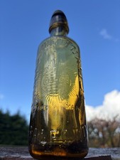 NICE GOLDEN AMBER GLOBE PICTORIAL MINERAL WATER BOTTLE & MATCHING NAMED STOPPER