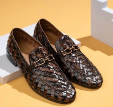 Handmade Men Brown Chitai Woven Loafer Shoes, Formal Dress Leather Shoes Mens