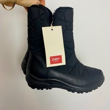 Cotton Traders Ladies Quilted Mid-Calf Boots Size 4 Black Faux Fur Lined NWT RRP