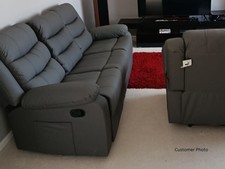 Recliner Sofa Grey Aire Leather Sorrentino 3,1 Seater Settee PullDown Cupholders