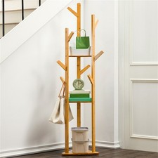 Coat Rack Freestanding Stand with Shelves Bamboo Wooden Coat Tree Easy Assembly