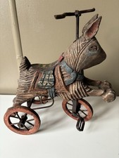 Vintage Donkey Tricycle Figure Hand Painted Wood Metal Folk Art Rustic Decor Toy