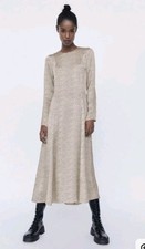 Zara Size L Satin Feel Midi Dress Long Sleeve Ecru Black Fleck Spot Pattern NWOT