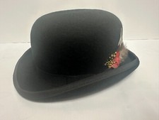 Black Bowler Hat 100% Wool Mens Feather Trim Lining Wedding Race Sz M Adult NwOt
