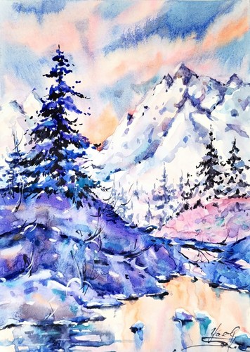 Original watercolor winter - original,
