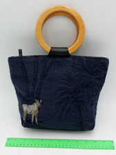 Bueno Blue Fabric Wooden Handle Zebra Embroidery Handbag Size 30 x 22 x 10 cm
