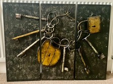 Large skeleton metal wall art triptych keys and locks