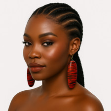 Red Black Oval Dangle Earrings Handmade African Statement Lightweight Jewellery